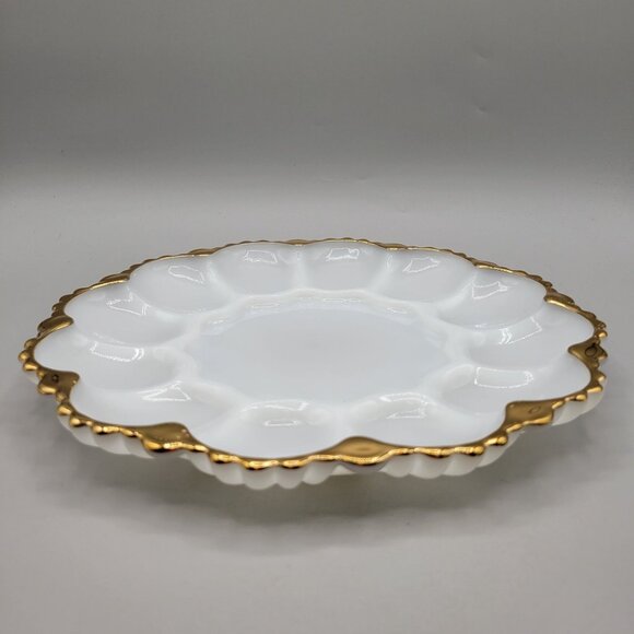 Anchor Hocking Fire King Deviled Egg Platter Plate Milk Glass Round Gold Trim - Picture 2 of 6